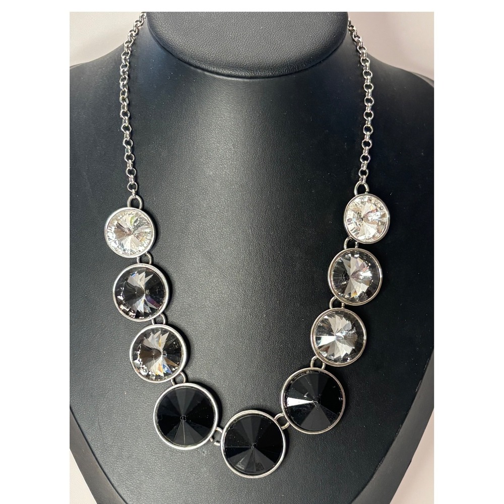 Vintage Statement Ombre Crystal Necklace Black Grey Clear Silver Tone 20 Inch
